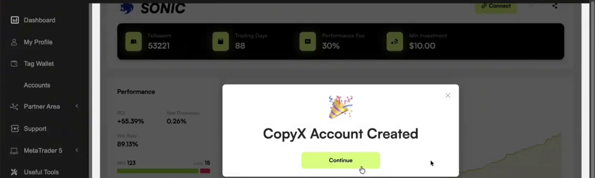 CopyX konto loodud